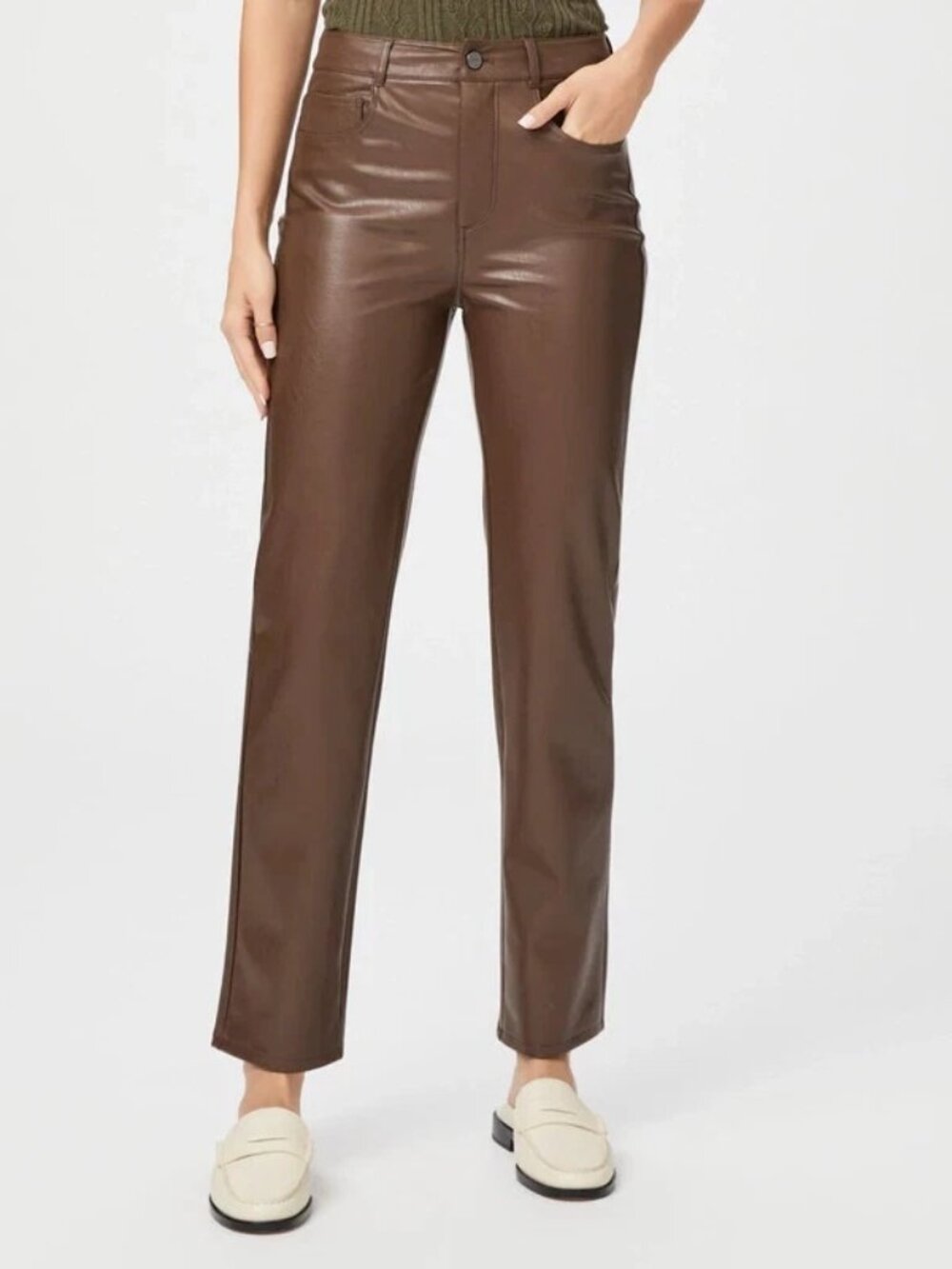 NWOT PAIGE STELLA High Straight Crop Vegan Faux Leather Pants Chestnut Brown 31